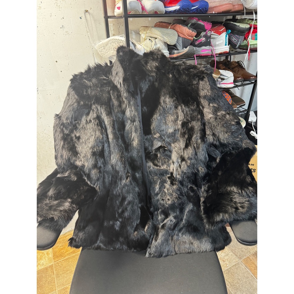Vintage‎ Faux Fur Coat Black Brown Shag Heavyweight Jacket Made in USA Womens